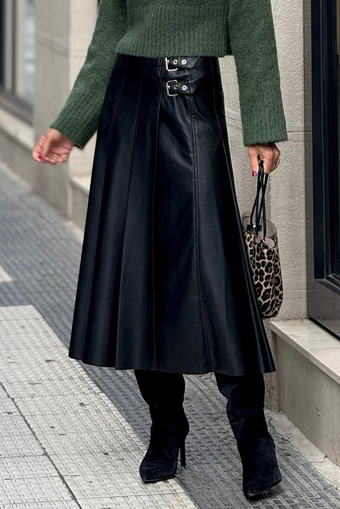 Retro Buckle Waist Pleated Vegan Leather Midi Skirt